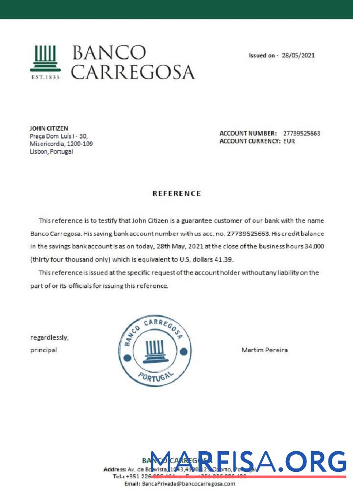 Printable Portugal Banco Carregosa reference example